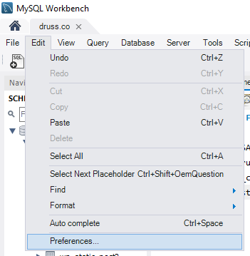MySQL Workbench Edit Preferences Menu